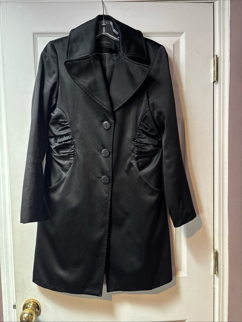 Tahari Black Long Trench Rain Coat classy silk look cinched Ruched waist small
